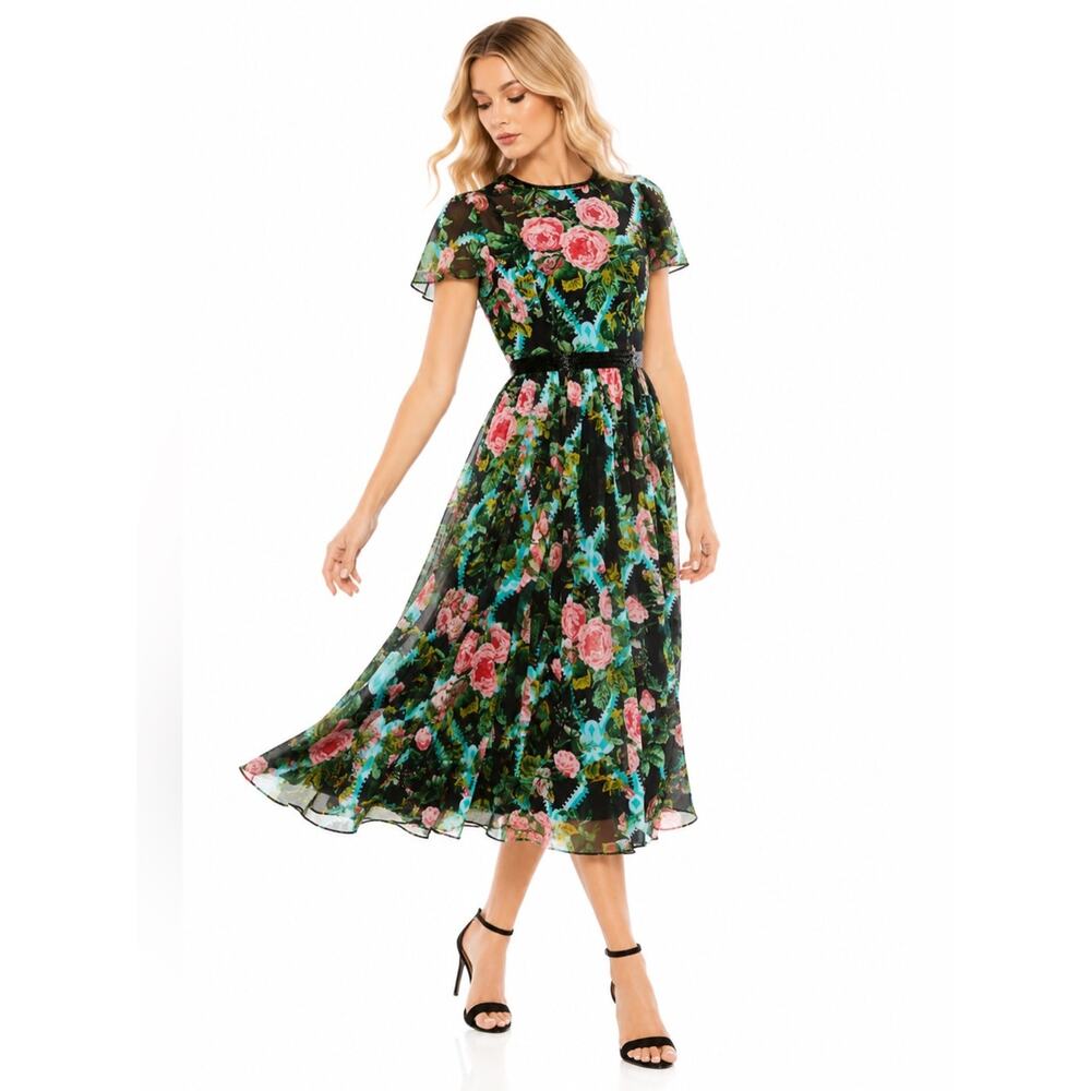 Mac Duggal Floral Illusion Cap Sleeve Midi Dress Black Multi Sheer NWT Size 4 - Picture 2 of 10
